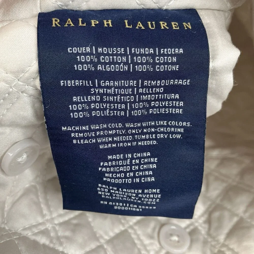 Ralph Lauren King Pillow Sham White Cotton Diamond Quilted Luxury 20x36